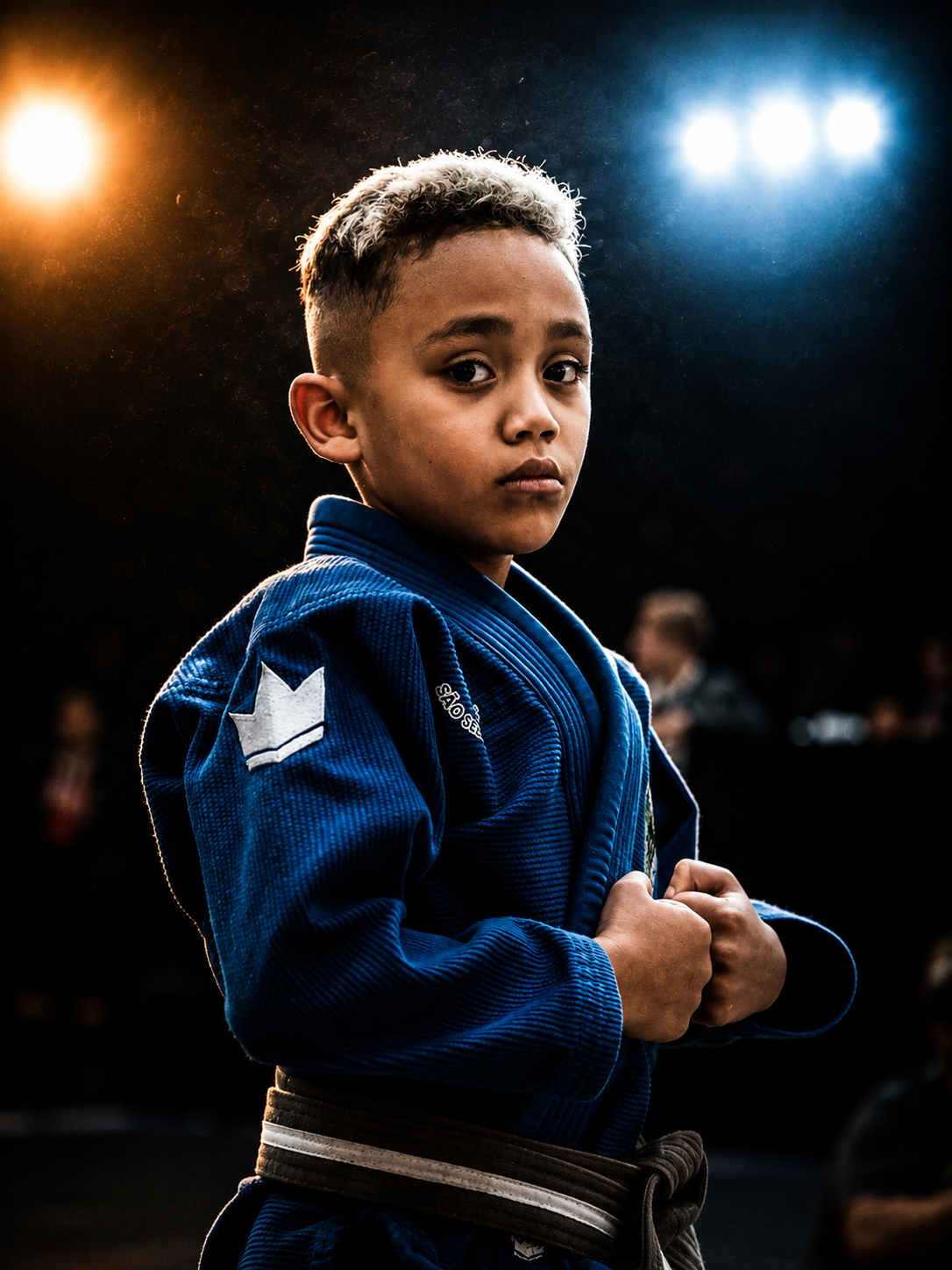 Pedrinho de kimono azul em pé